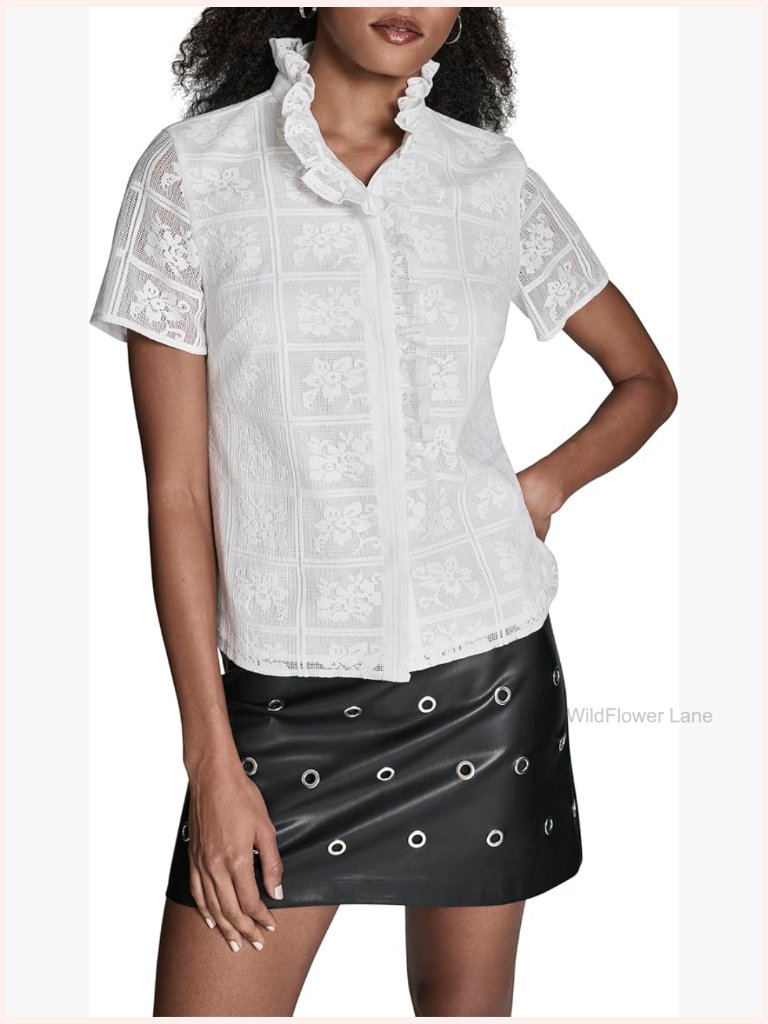 Short Sleeve Ruffle Front Lace Printed Top Blouse